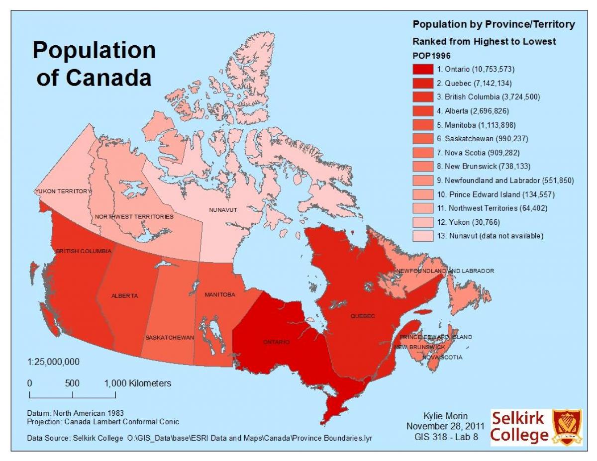 Canada carte de la population carte Démographique du Canada (Amérique