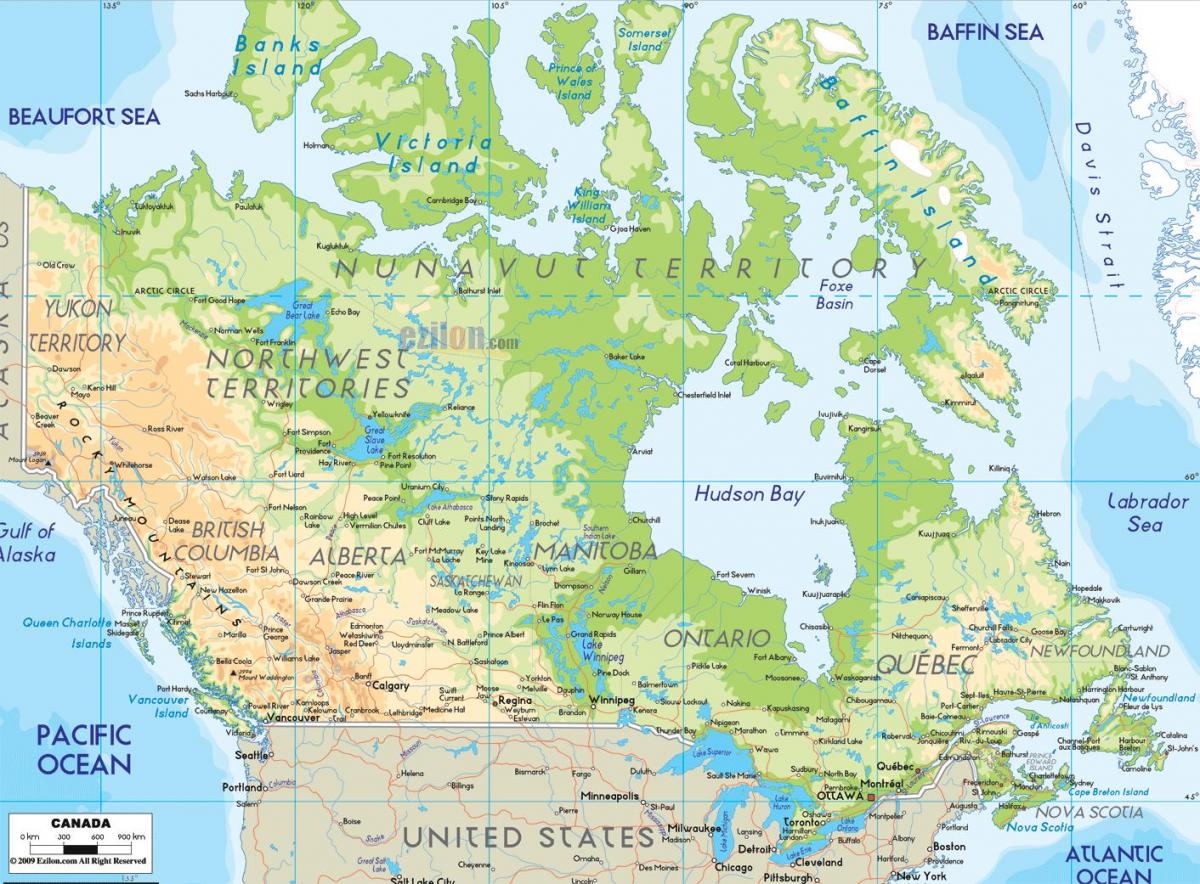 une carte physique du Canada