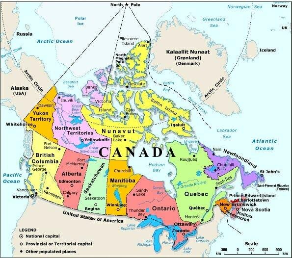 carte de l'ouest canadien, avec les villes